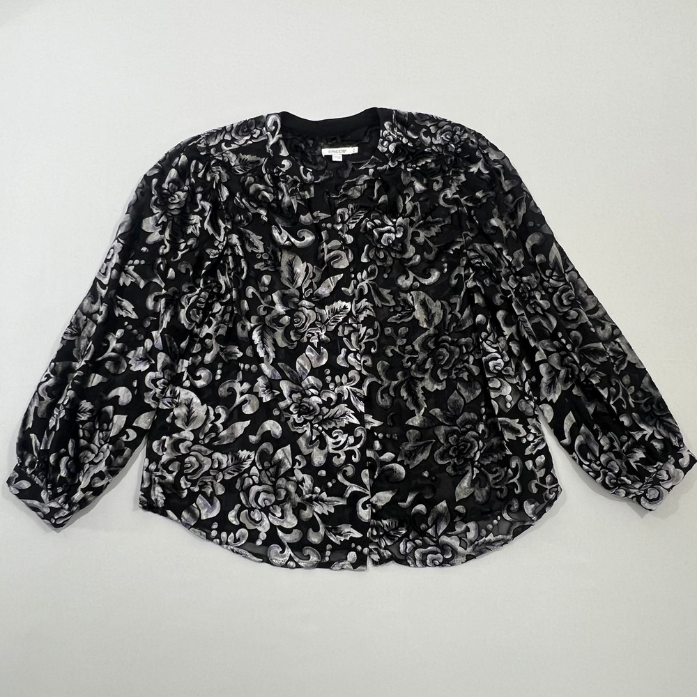 Chico's Blouse Velvet Burnout Floral Sheer Balloon Sleeve Black Womens 3 US 16